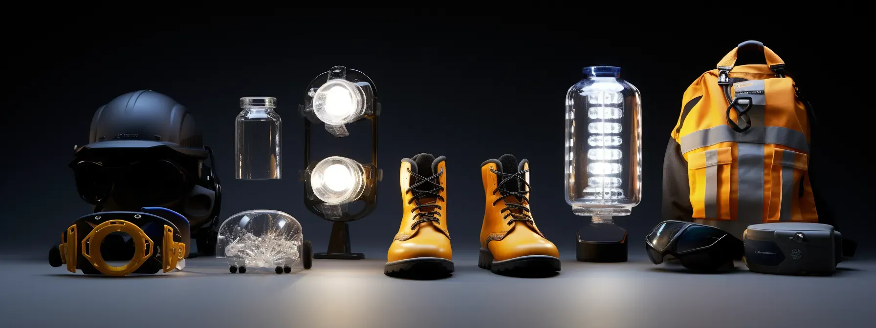 A close-up view of various pieces of personal protective equipment (ppe) arranged together for a comprehensive examination.