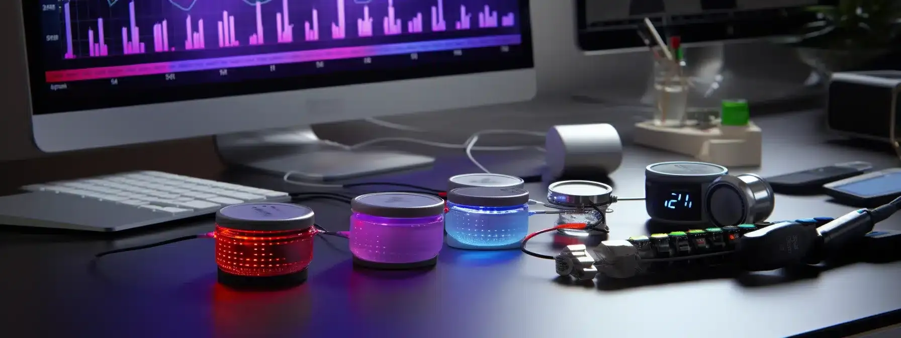 a colorful display of various health tracking gadgets lined up on a table.