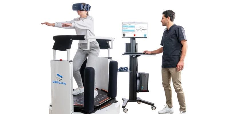 woman balancing on virtualis motionvr at physical therapy