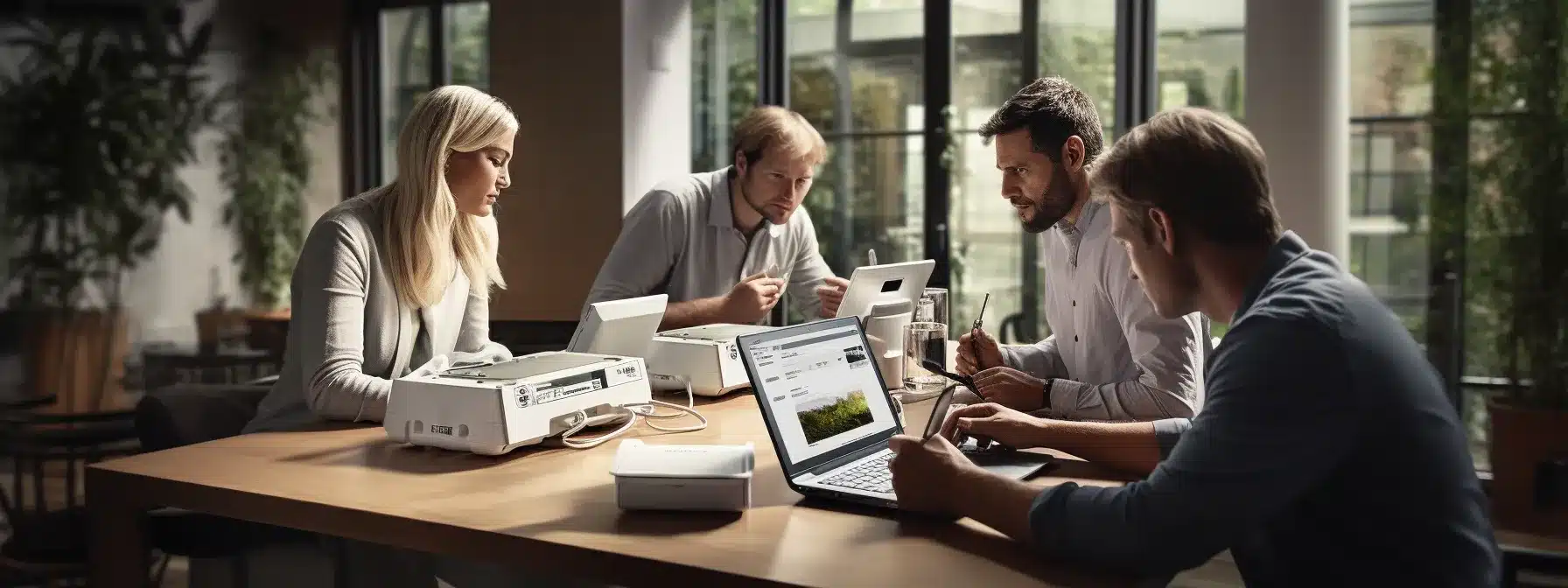 A group of professionals examining and testing advanced occupational health monitoring devices.