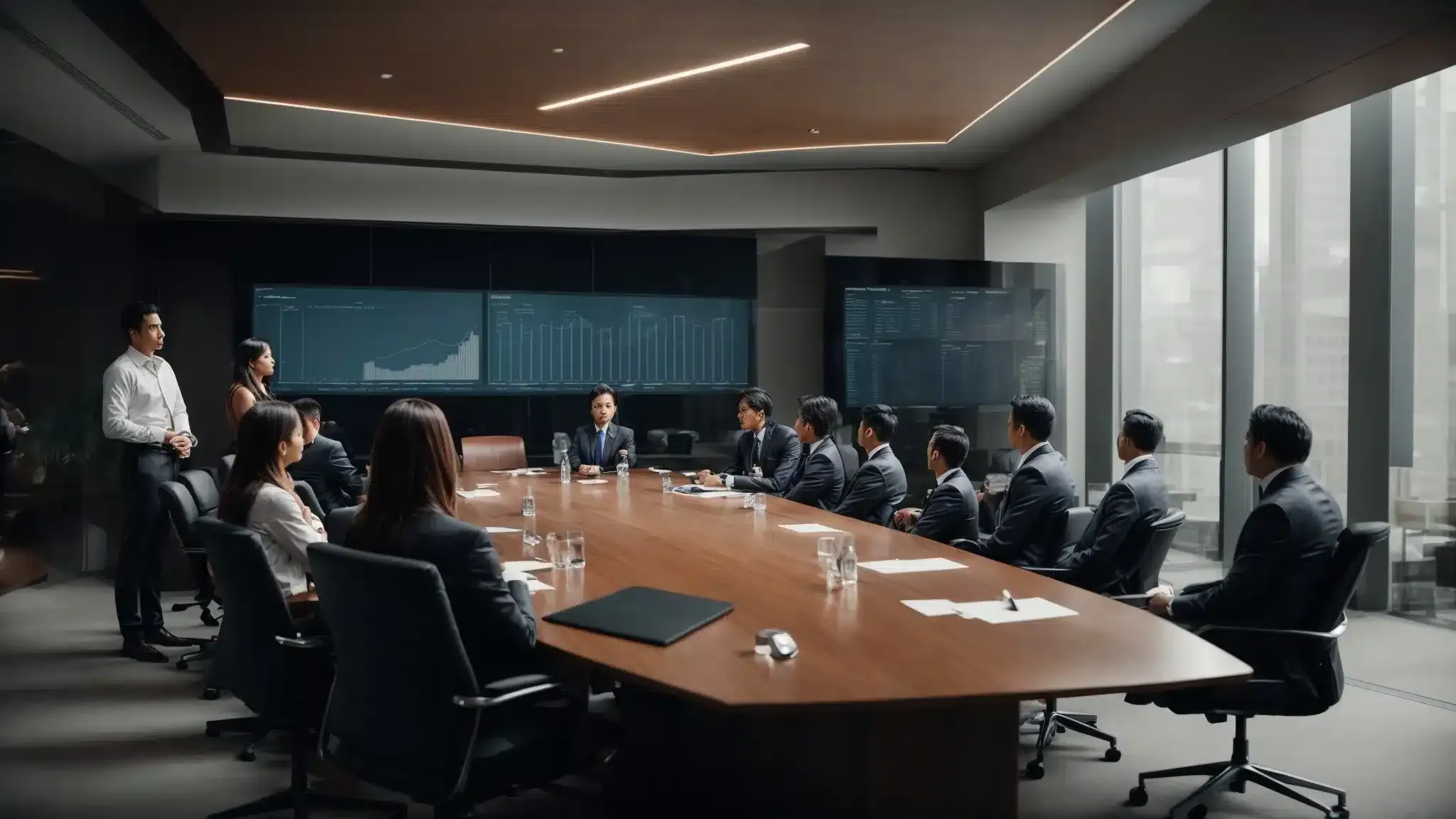 A boardroom with professionals discussing around a table, with a digital screen displaying health statistics.
