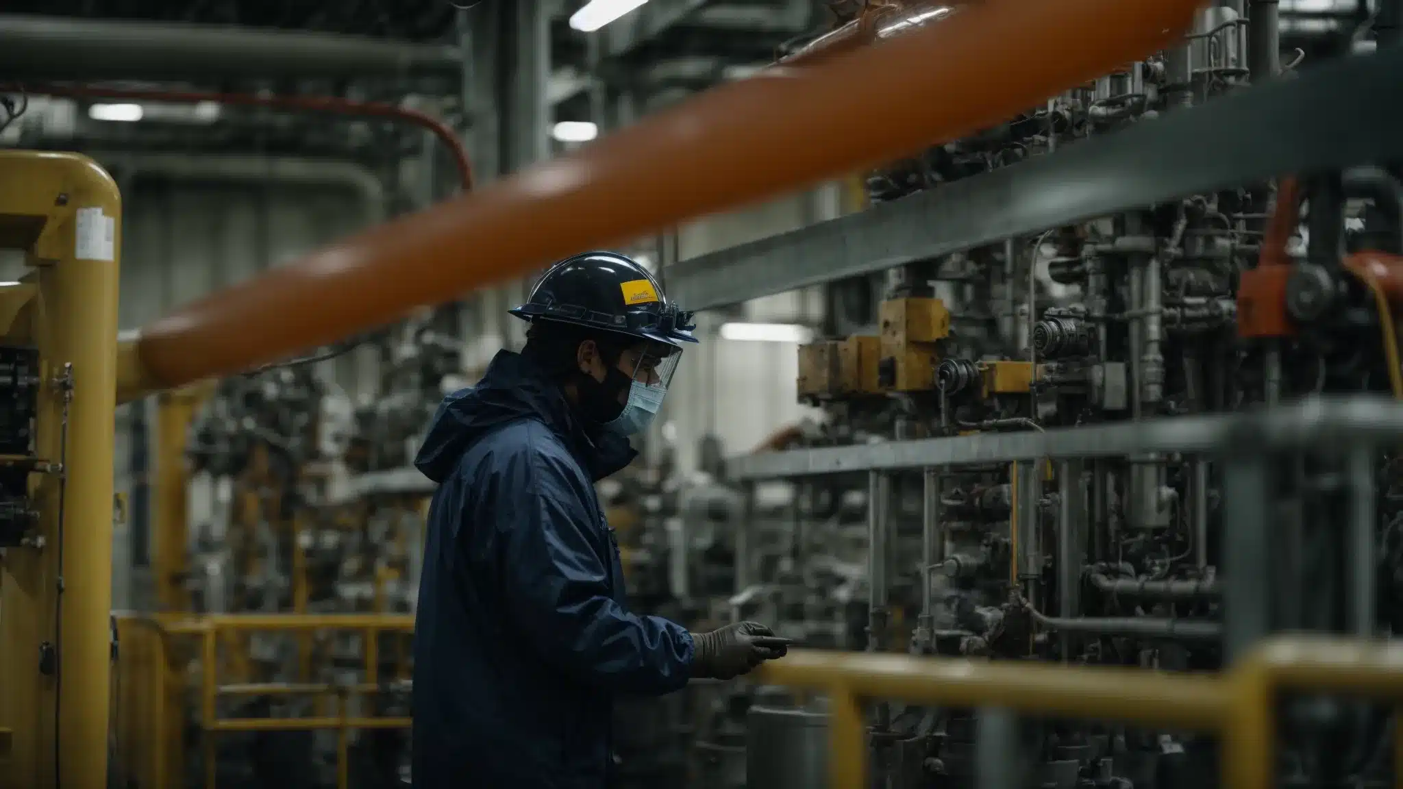 A a worker in protective gear inspects machinery in an industrial plant.