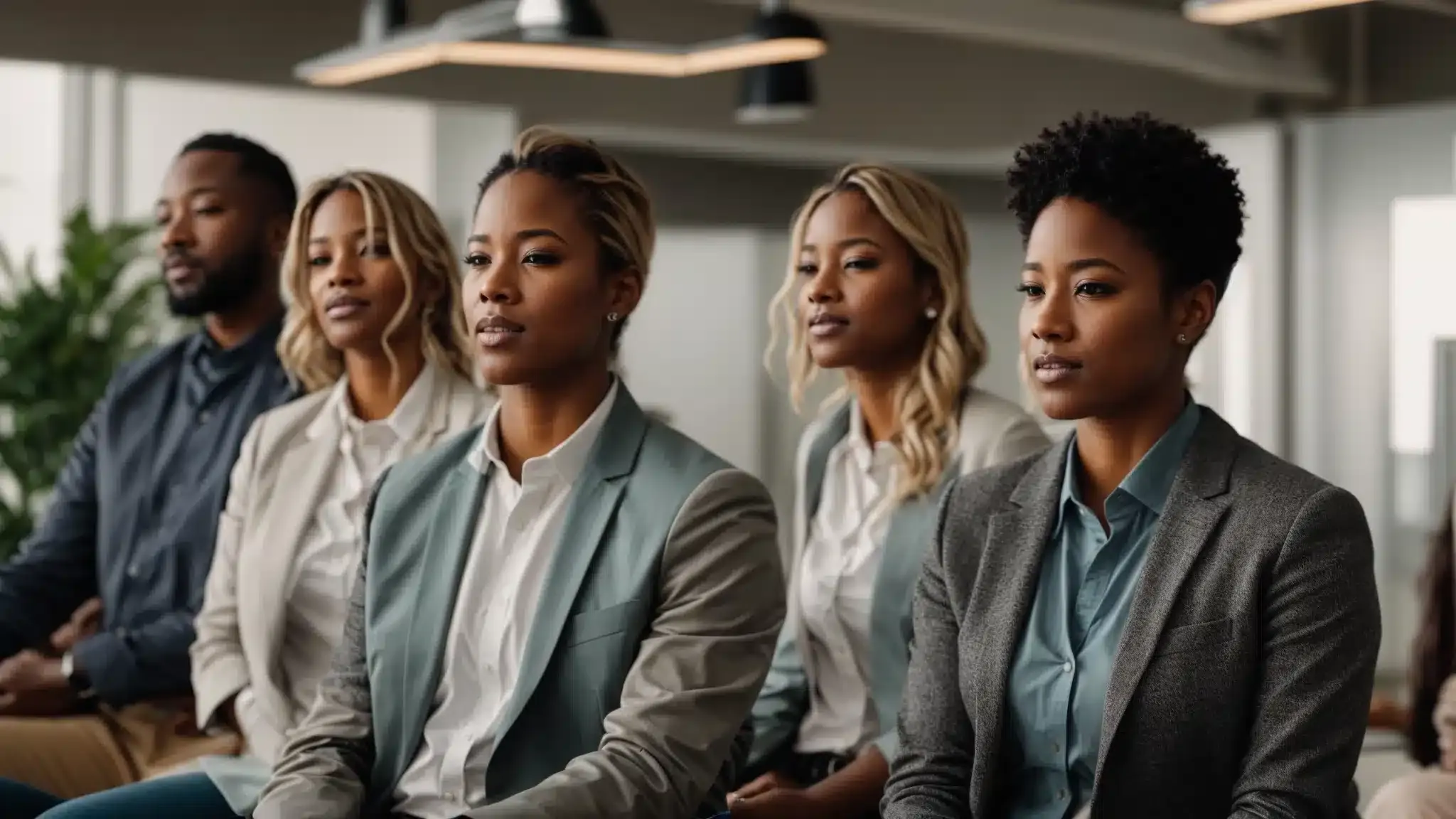 a group of diverse employees engaging in a calming group
