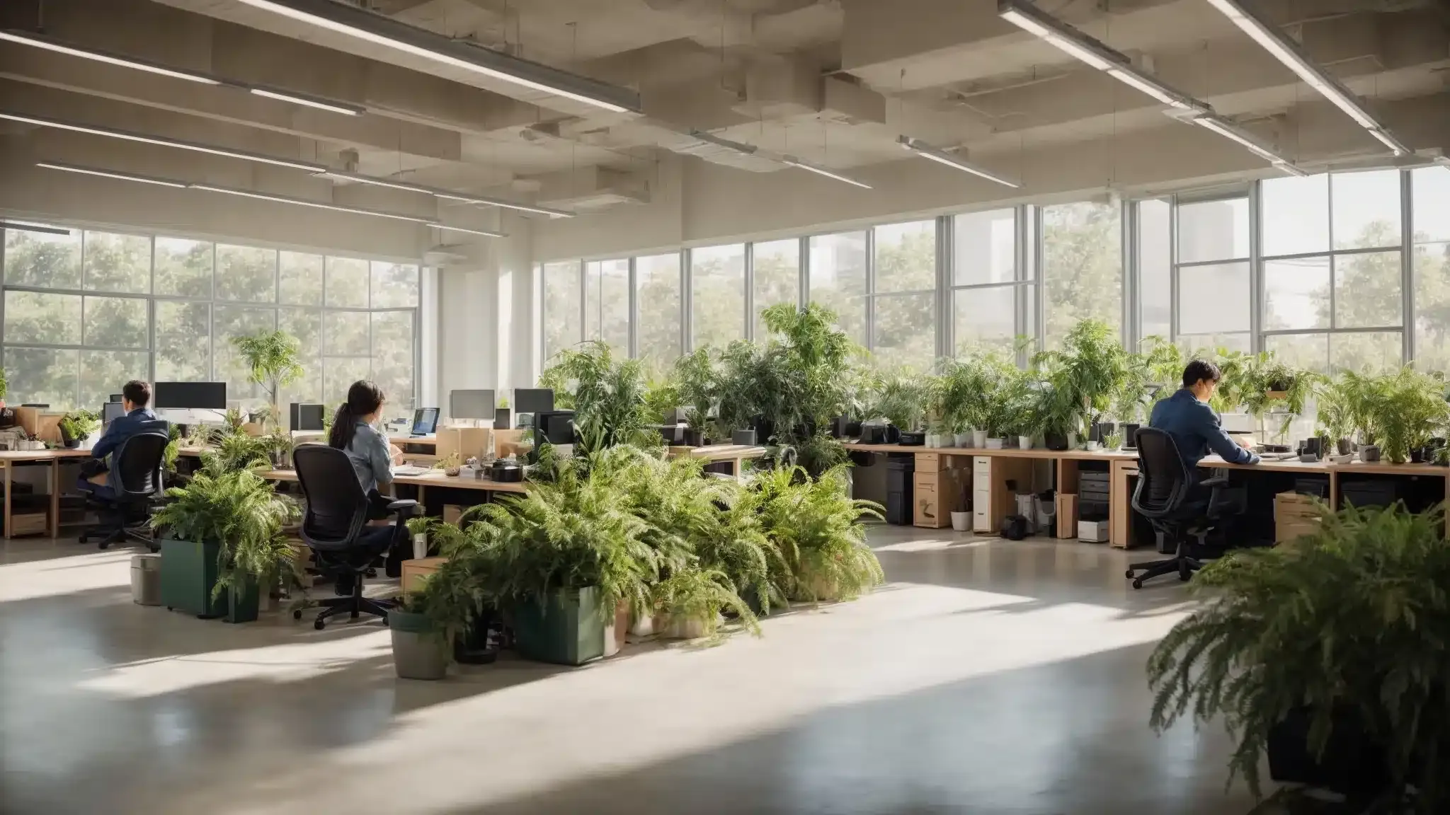 Employees sit at ergonomic workstations bathed in natural light within a spacious, green plant-filled office.