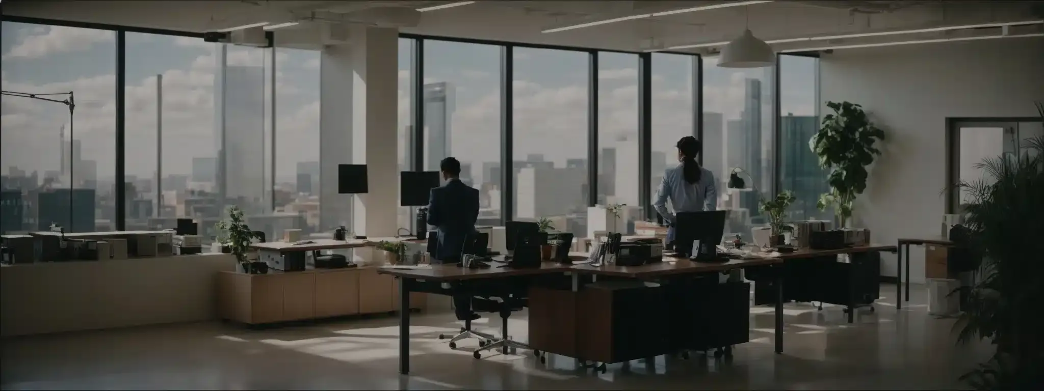 a modern office space filled with ergonomic chairs and spacious desks under bright, natural lighting.