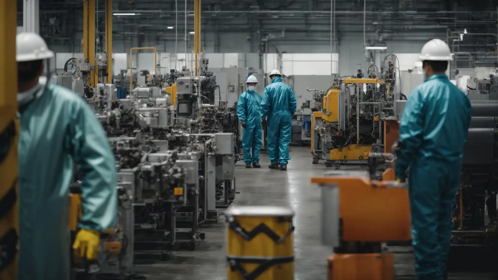 workers in protective gear attend a workshop on disease prevention at a modern factory floor, with machinery in the background.