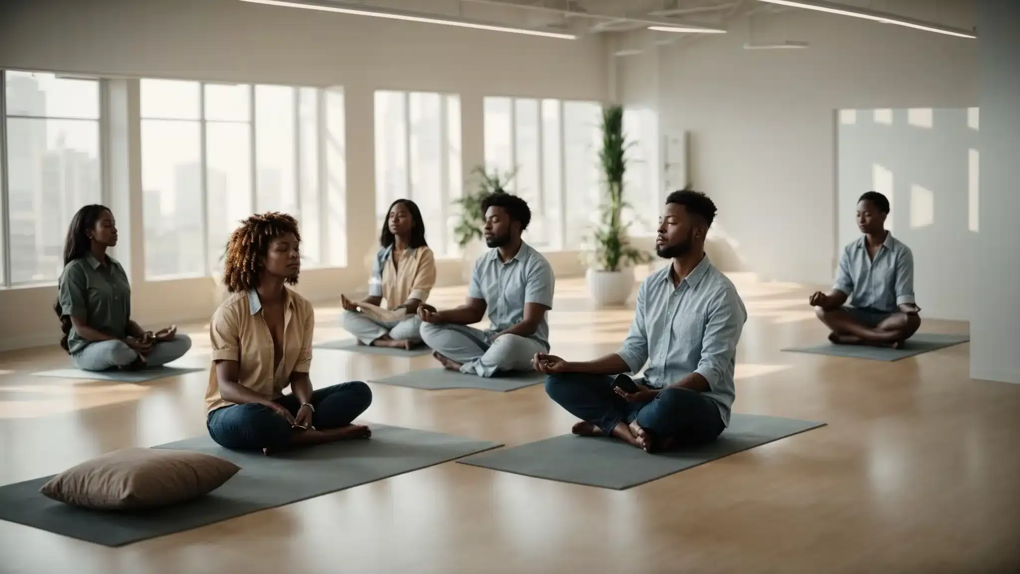 a group of co-workers engaging in a stress-relieving meditation session in a bright office space.