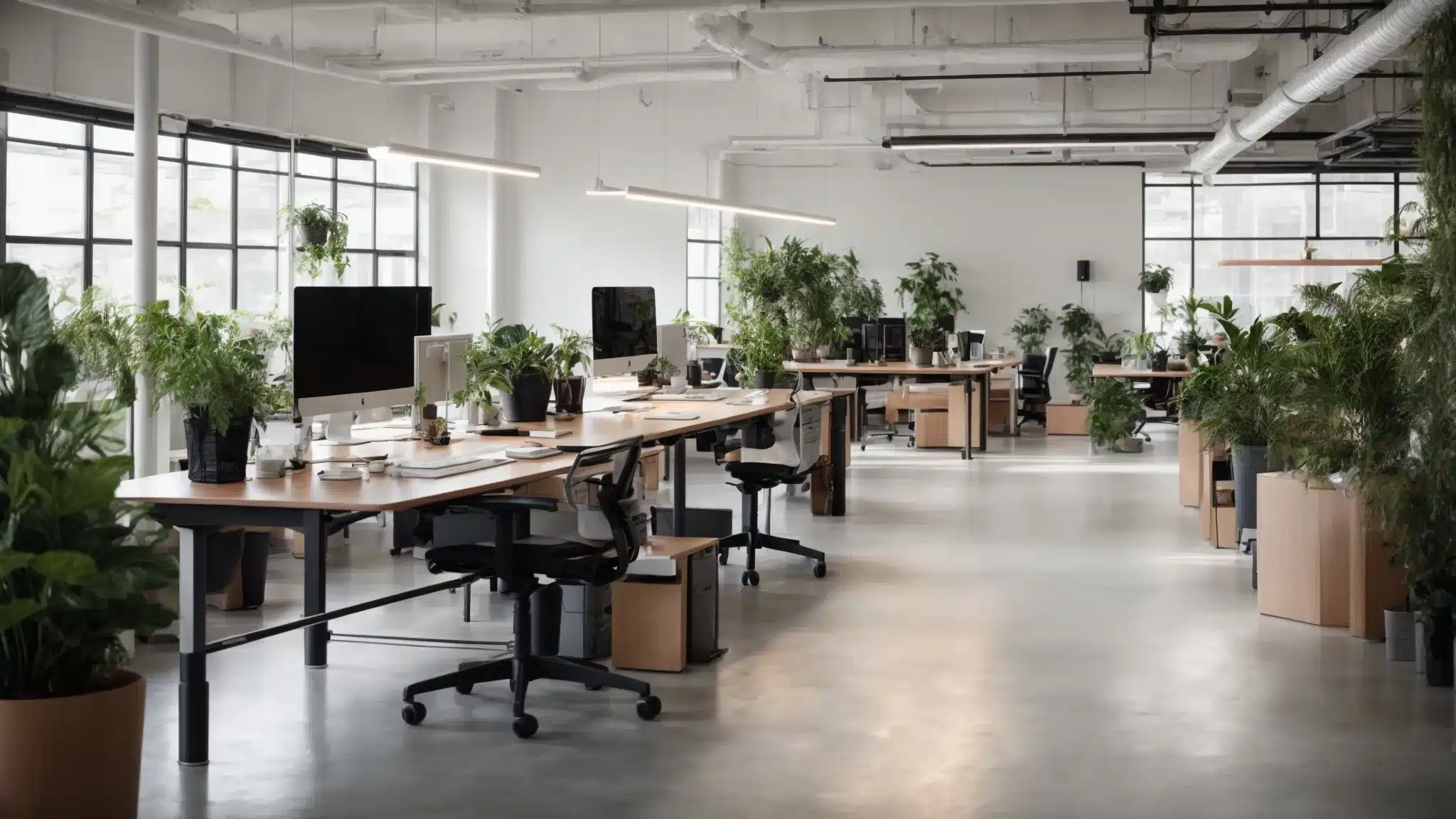 An ergonomic office space with standing desks, spacious layout, and plants promoting a healthy work environment.